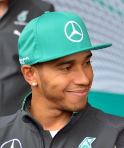 Lewis Hamilton wearing a Mercedes-Benz hat in 2014
